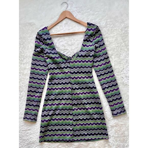 NWT Zara Retro Purple & Green Metallic Cutout Long Sleeve Mini Dress - Picture 14 of 15